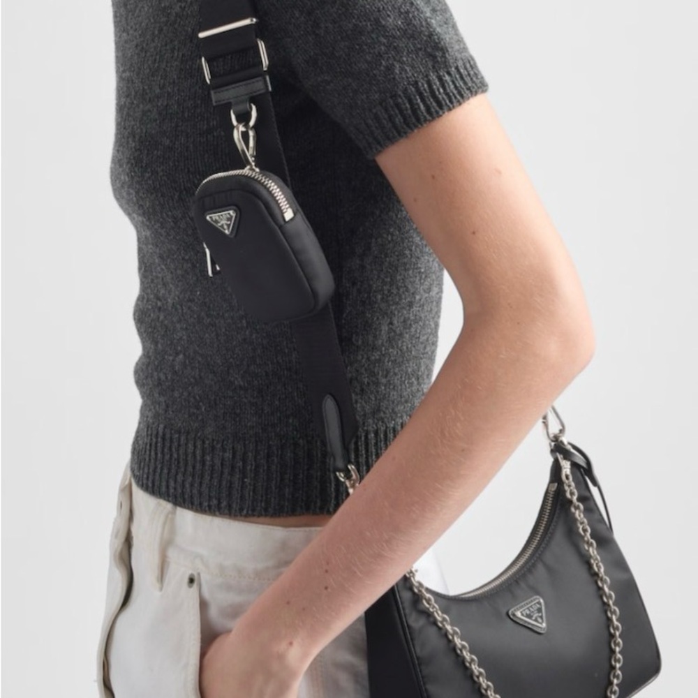 Prada Black Nylon Shoulder Bag with Chain Detail and Detachable Mini Pouch